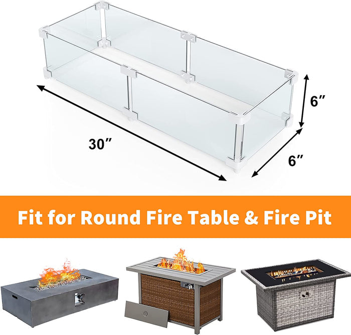 Rectangle Fire Pit Glass Wind Guard, 30 x 6 x 6 inch, Thick 5/16'' Heat-Resistant Tempered Glass Guard